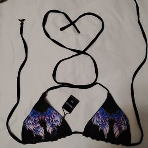 I.AM.GIA Black Triangle Bikini Top with Blue-Purple Wing Print